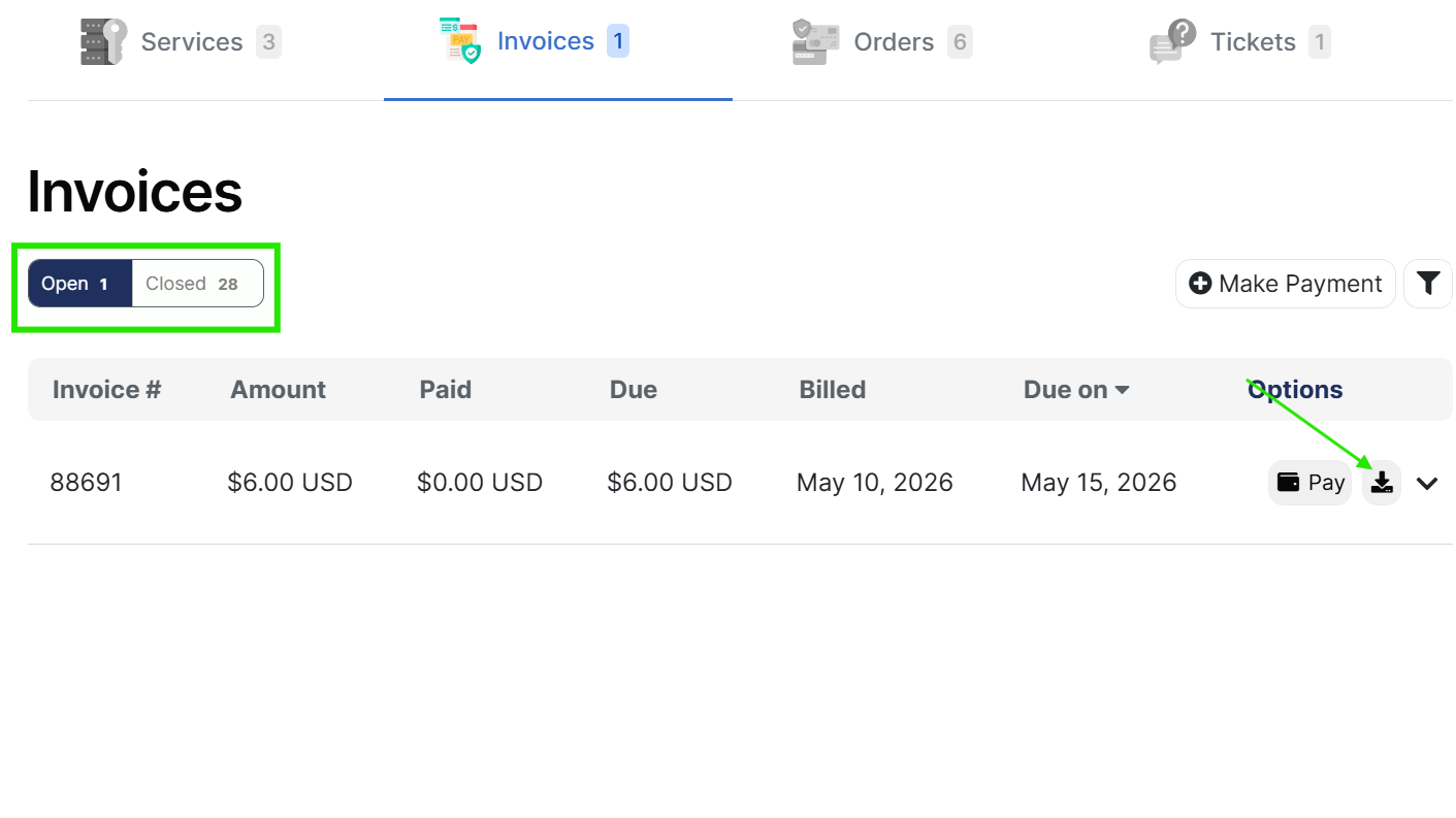 Invoices section with download option