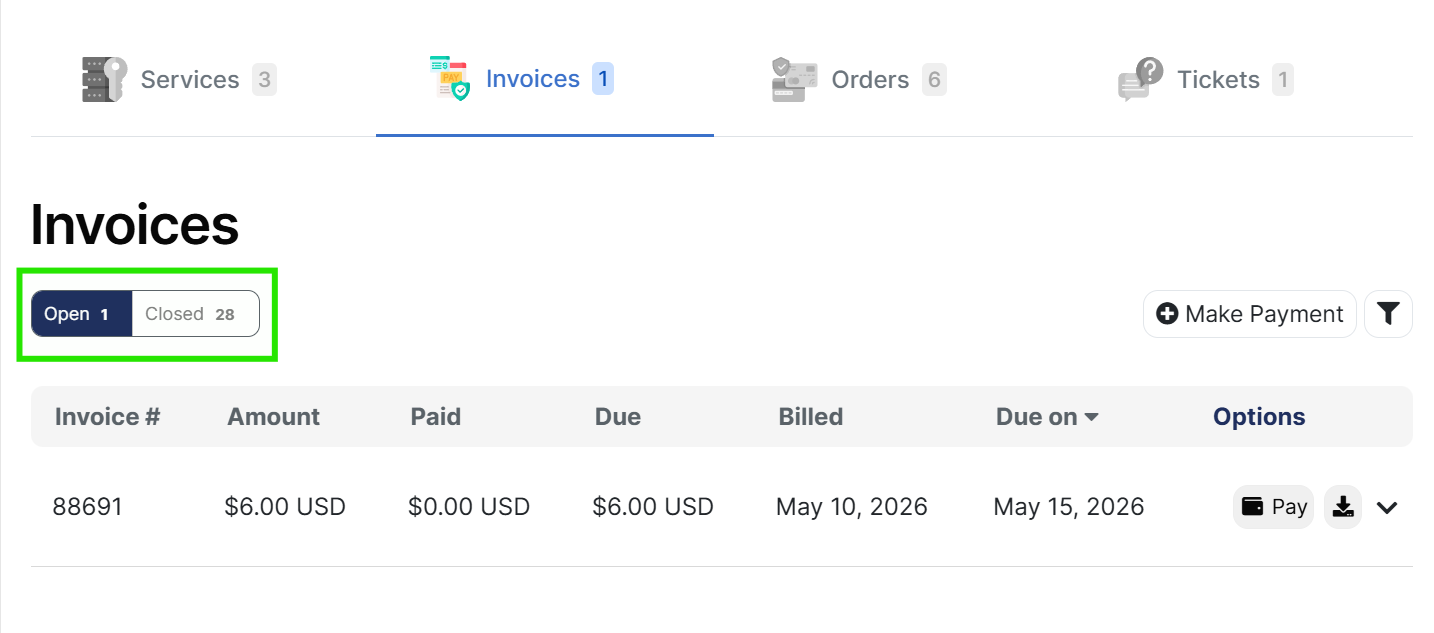 Invoices section showing Open and Closed tabs with download icon highlighted